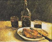 Vincent Van Gogh Still life with bottle, two glasses, cheese and bread Sweden oil painting artist